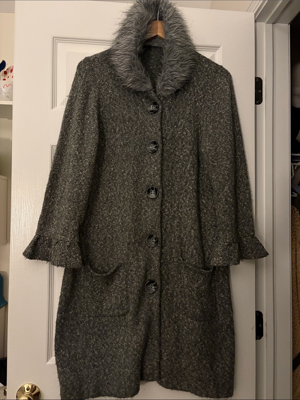 Fever Hooded Gray Sweater Coat w/ Big, Cute Buttons and Flared Sleeve